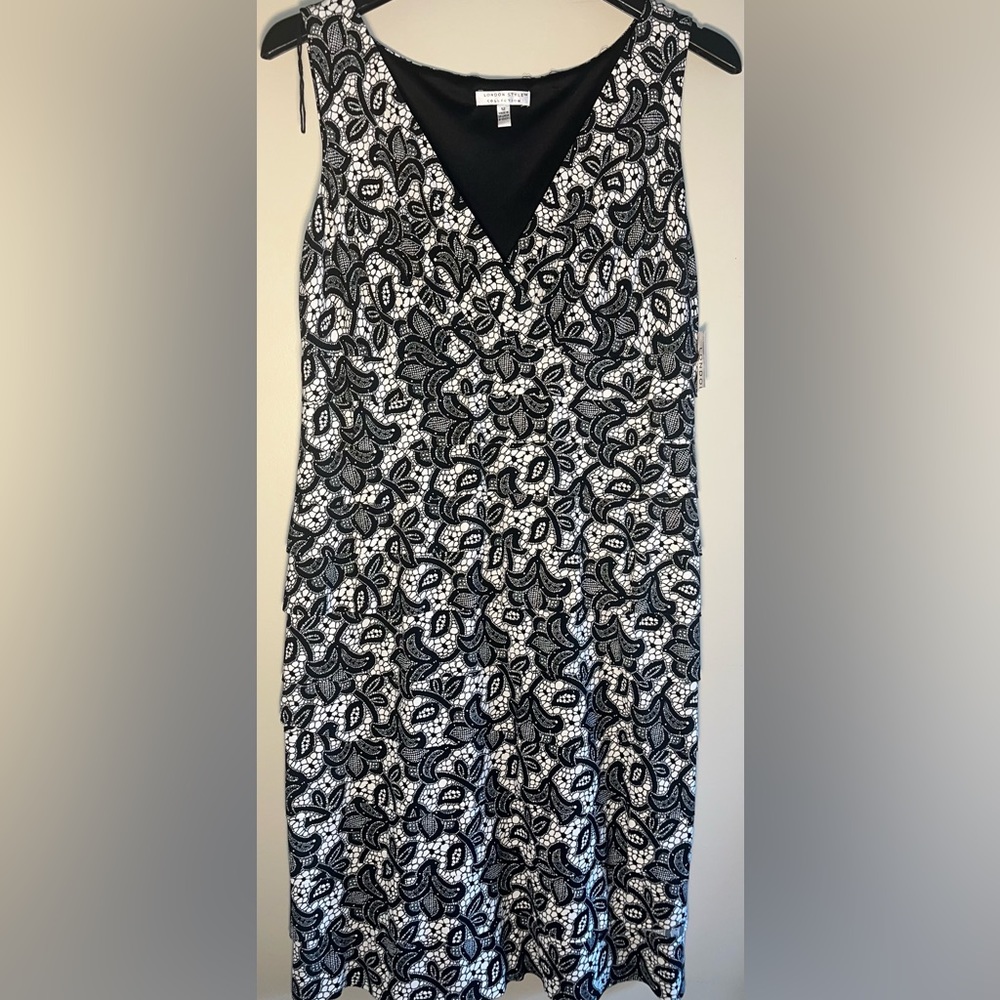 NWT London Collection layered ruffle black and white paisley dress.  Size 12